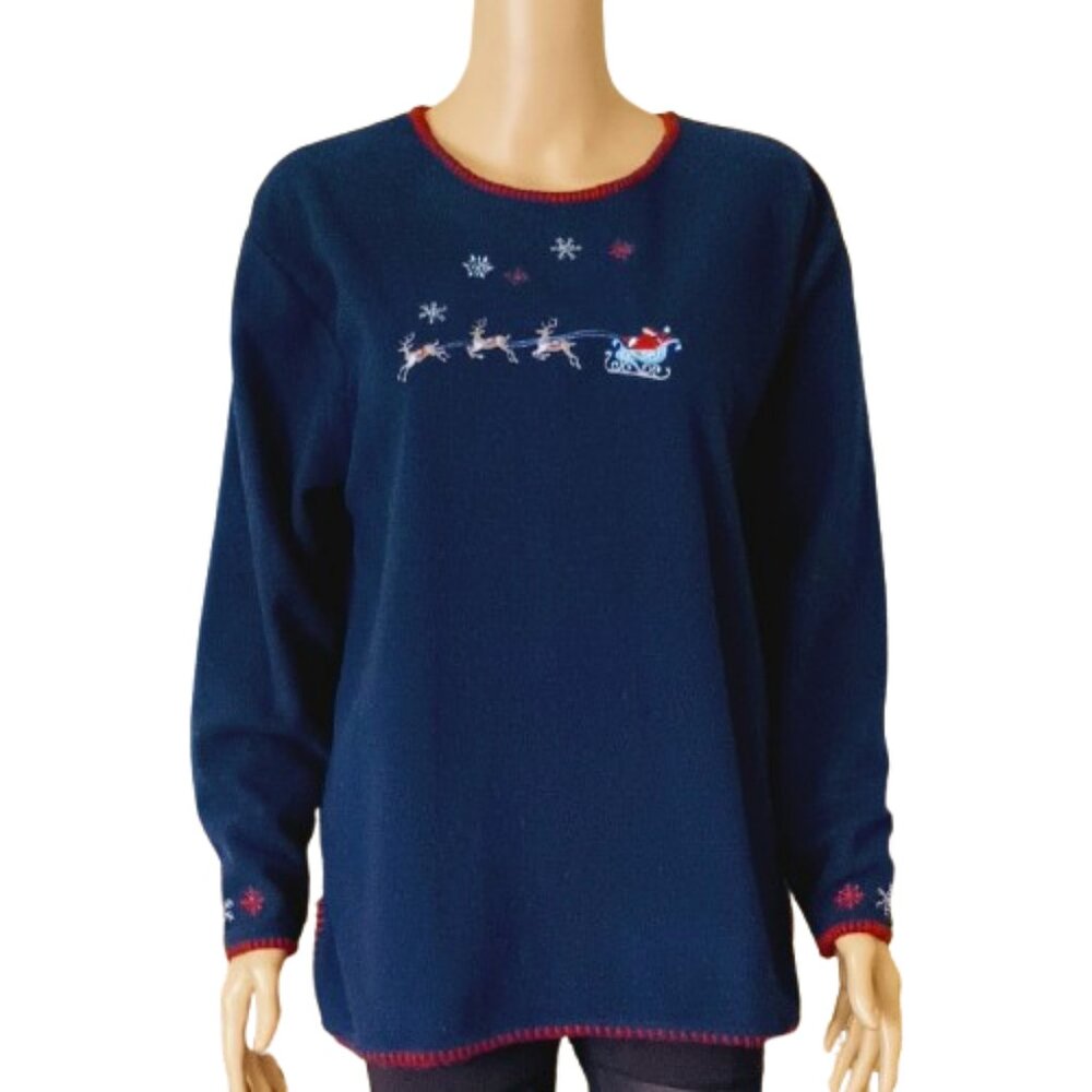 Embroidered Reindeer Sleigh Fleece Top M Blue Long Sleeve Shirt Red Trim